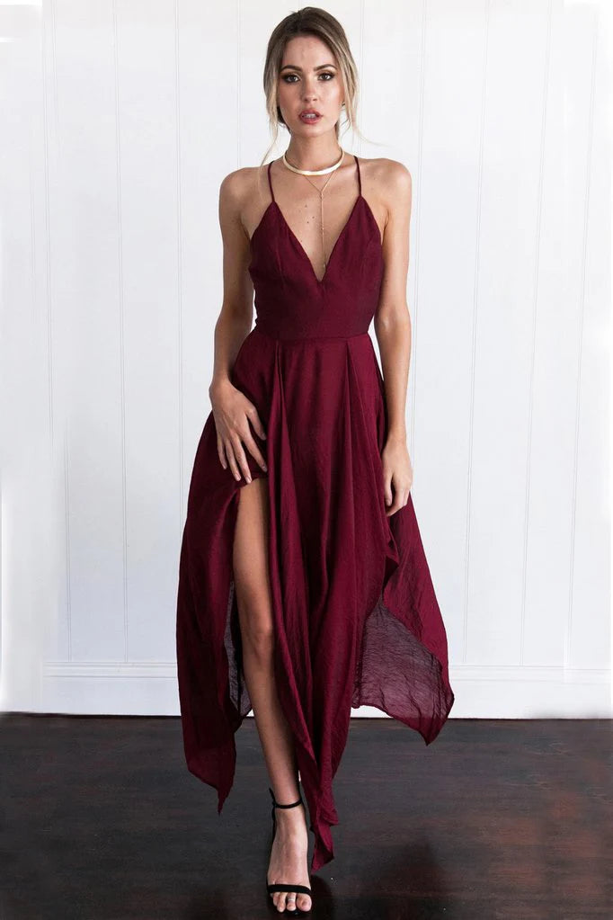Prom Dresses Stores Chiffon Spaghetti Straps V Neck Cross Back Burgundy Assymetrical Hem Long Prom Evening Dress Formal Women's Dresses